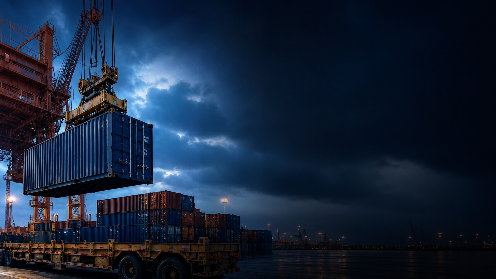 A shipping container being lifted at an international cargo terminal